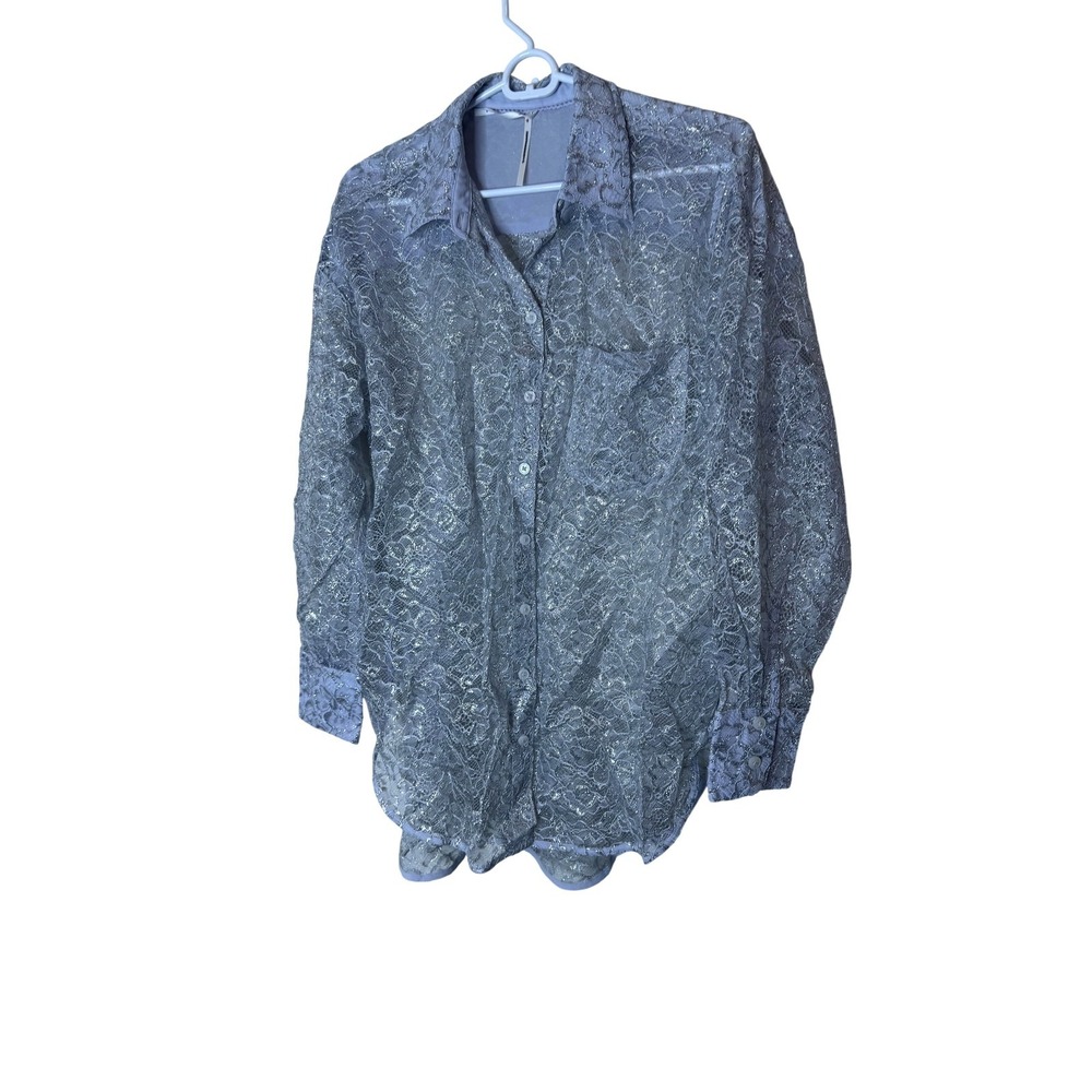 Anthropologie Button Up Shirt Womens Small Silver Lace Sheer Glitter Tunic Top